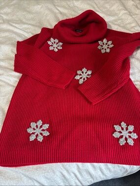 Verve Ami Christmas Red Cowl Neck Sweater with Crystal Snowflake Appliqués